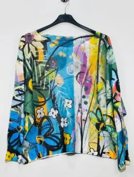 Blue Floral Round Knit Printed Sweater