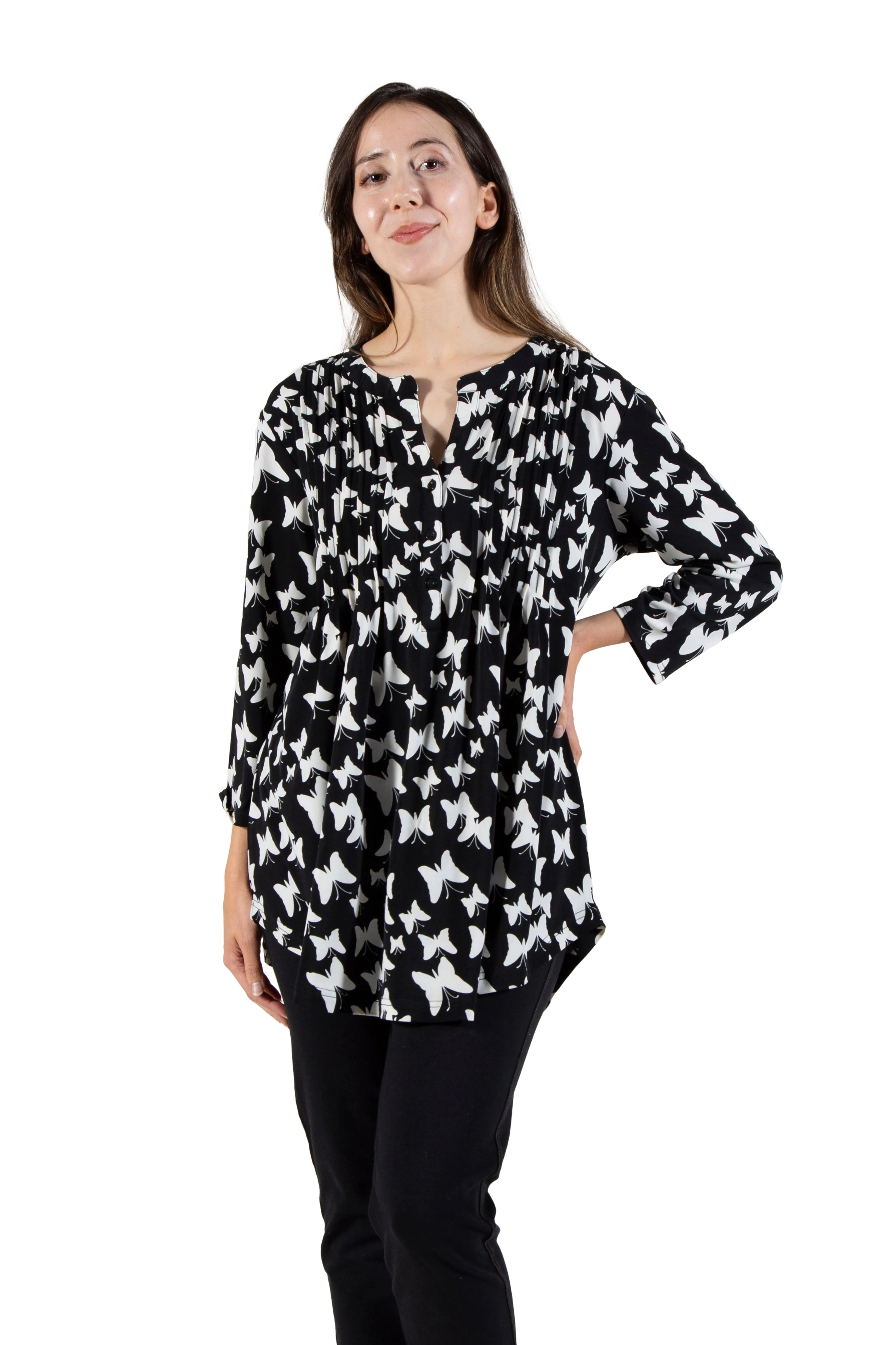 La Cera Plus Butterfly Print Pleat Front Tunic